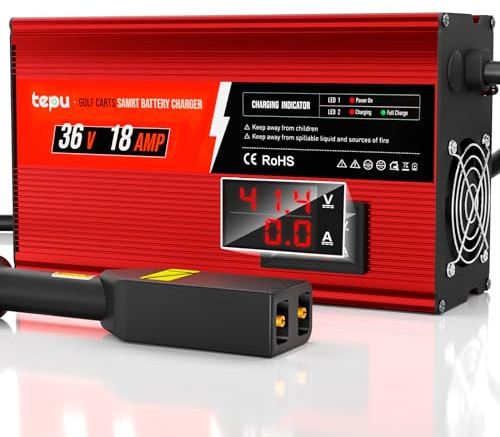 Upgraded 36 Volt 18 Amp Golf Cart Battery Charger with Voltage Display, for EZGO-D Type Plug,16 Feet, 900w, Full Charge in 4 to 6 Hours, Replaces PowerWise's 36v Golf Cart Charger