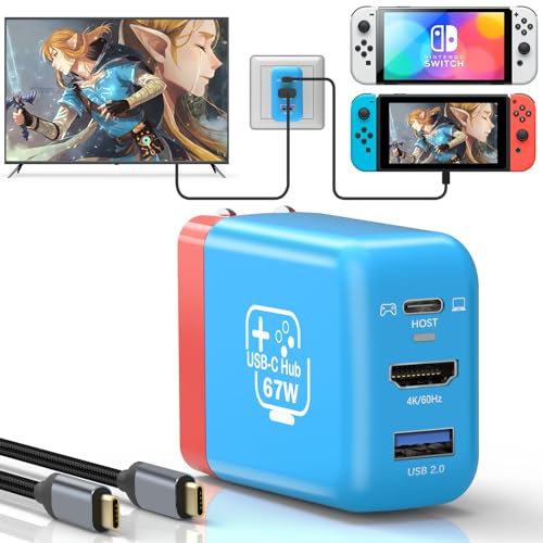 67W USB C Ladestation für Nintendo Switch/OLED, Tragbare Reise-TV-Dockingstation mit 4K HDMI/USB2.0/PD Ladeanschluss, Schnellladeadapter mit USB-C Kabel Laptop