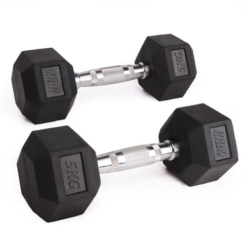 Phoenix Fitness Hex Dumbbells - Pair of Rubber & Cast Iron Hexagonal Dumbbell Hand Weights for Men and Women at Home & Gym - Weight: 5kg