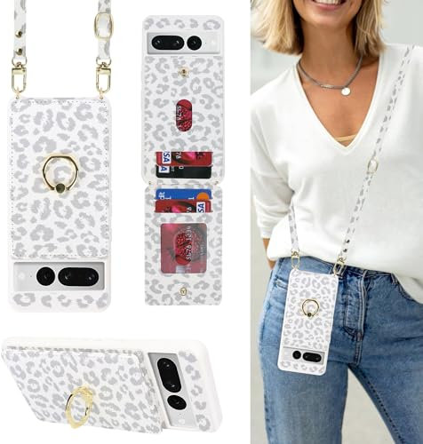 Havaya Coque Google Pixel 7 Pro avec Cordon Porte Carte Portefeuille Étui Google Pixel 7 Pro avec Cordon Anneau Telephone Portable Réglable Collier Housse Etui pour Femmes - Imprimé léopard Blanc