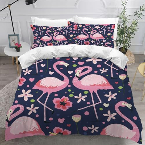 AASIRA Housse de Couette 140x200 Flamant Parure de Lit 1 Personne Enfant Fille Garçon Imprimé 3D Housse de Couette Rose Noir Animaux Microfibre avec Fermeture Éclair et 2 Taies d'oreiller