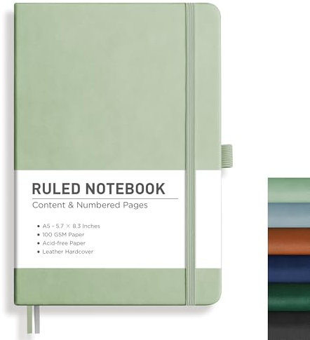 RETTACY Notizbuch Liniert A5, Journal Tagebuch mit 192 nummerierten Seiten,100gsm Notizbücher, Innentasche, Hardcover Buch für Büro Schule Arbeit Frauen Männer, 14.8 x 21cm - Hellgrün