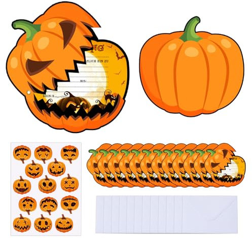 Halloween Einladungskarten, 12 Halloween Party Einladungen mit Umschlägen und Aufklebern, Halloween Themenparty mit Spinne Kürbis Fledermaus Ausfüll Einladungen, Horror Invitation Card für Kinder