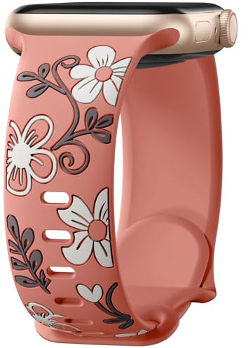 Mastten Floral Strap Compatible with Apple Watch Straps 40mm 41mm 42mm 38mm Women, Cute Flower Engraved Inlay Silicone Sport Band for iWatch SE Series 10 9 8 7 6 5 4 3 2 1, Coral
