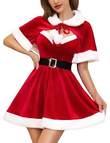 RSLOVE Mrs Claus Costume Women - Christmas Lingerie Dress Sexy Santa Babydoll Outfit with Cape Red M