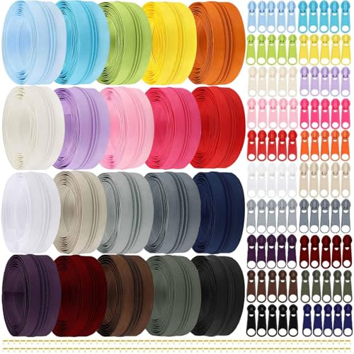 Lighterday 60M Reißverschluss Endlosreißverschluss mit Zipper,Reissverschluss Teilbar mit Reißverschluss Zieher,Endlos Reißverschlüsse,Reißverschluss Reparatur Set für Nähen,Basteln (20 Farben)
