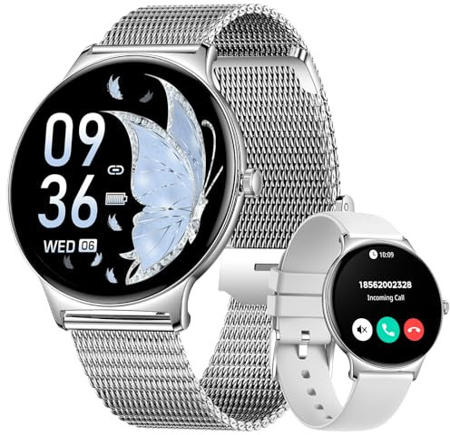 LIGE Smartwatch Damen 1.43 AMOLED Rund Touchscreen mit Telefonfunktion, Fitnesstracker Damen 120+Sportmodi/IP68/SpO2/Herzfrequenz/Menstruationszyklus Diamond Smart Watch für iOS Android (Silber)