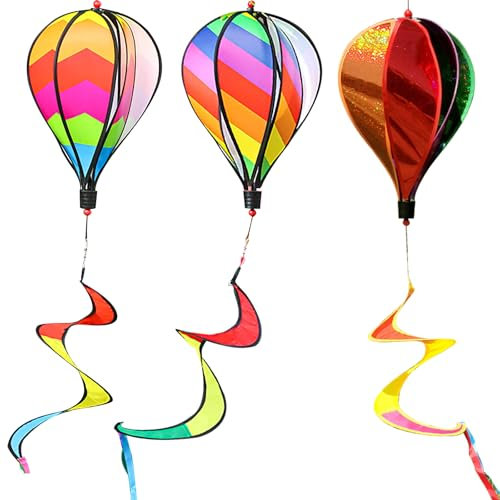 Holzsammlung 3 Pièces Moulins à Vent Suspendus, Spinner de Vent de Jardin, Ornements Suspendus en Spirale Montgolfière, Jouet Tourbillon Coloré pour Extérieur, Ferme, Maison (Couleur Aléatoire)