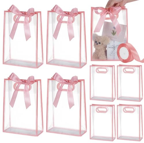 UNICRAFTALE 15Pcs Sac Cadeaux Transparent Sac en Plastique Rose 26x18cm Rectangulaire Pliable Transparent avec Poignées Perforées Réutilisable pour Fêtes De Noël Mariage Anniversaire Fête Automne