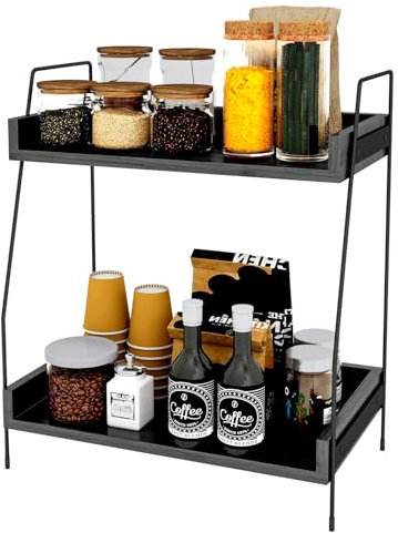 Youyijia 2 Etagen Kaffeebar Kaffee Organizer Kuchen Organizer Kaffee Aufbewahrung FüR Kaffeestation, Arbeitsplatten GewüRzregal FüR KüChe Kaffee Caddy FüR KüChe Zuhause BüRo (Schwarz)
