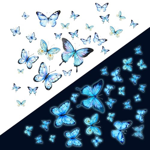 Wandtattoo Schmetterlinge Leuchtend, Wand Tattoo Selbst Klebend, LeuchtendSchmetterling Wandaufkleber, Schmetterling Deko Wandsticker für Wohnzimmer Schlafzimmer (Blau)