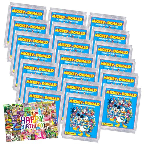 Bundle mit Panini Mickey & Donald Sticker - Fantastische Welt Sammelsticker (2025) - Auswahl + Exklusive Geburtstagskarte (20 Tüten)