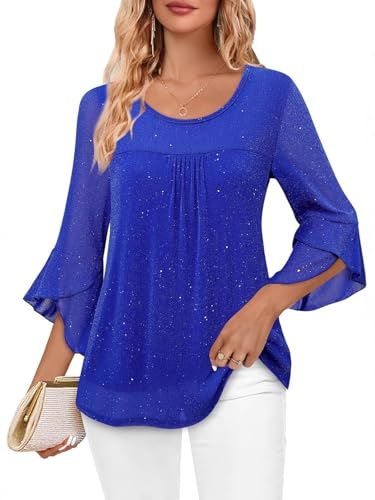 Oheyeseker Women's Ruffle 3/4 Sleeve Crew Neck Double Layers Mesh Blouses, Loose Fit Flowy Tunic Tops (UK, Alpha, XL, Regular, Regular, Blue)