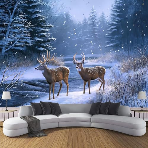 Fototapete 3D Effekt Dekoration Wandbild, Schnee Hirsch Tapete 450X315Cm (B×H) Seidenstoff Tapete Tier Wandtapeten, 220G/M2 Fototapete Moderne Panorama Wanddeko