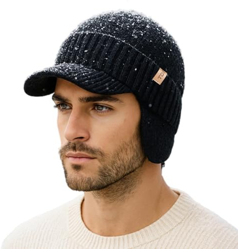 TOP-EX Unisex wasserdichte Winter 80% Merinowolle Strickmütze mit Visier und Ohrenklappen, warmes Fleecefutter, ideal für kaltes Wetter und Outdoor-Sportarten