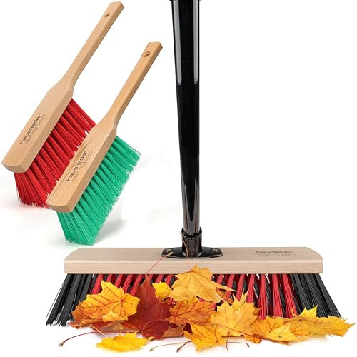 Hausfelder Straßenbesen 40 cm breit mit Stiel – extra lang und stabil – Gartenbesen, Kehrbesen stabil mit abgewinkeltem Stiel (40cm Besen + Handfeger)