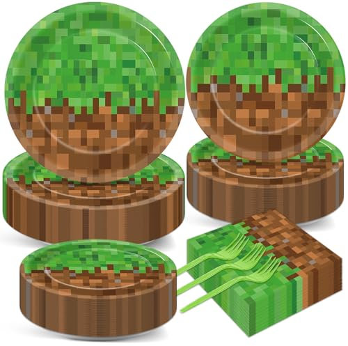 200Pcs Miner Party Decorations Gamer Party Supplies Video Game Birthday Plates and Napkins for pixelTheme Disposable Tableware Set Baby Shower Birthday Decor, 50 Guests