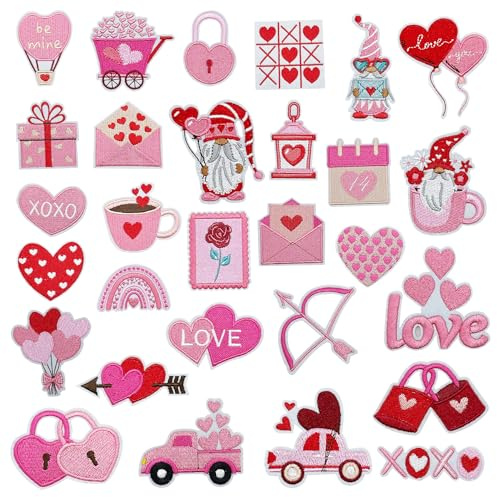 JMZLLRX 29 PCS Pink Iron on Patches Appliques Stickers Heart Shaped Embroidered Sew on Patch Applique for Clothing Dress Backpacks and DIY Decorations