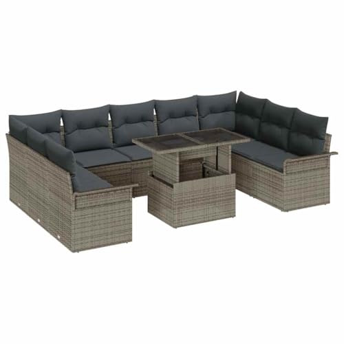 vidaXL 10-teiliges Garten-Sofa-Set mit Kissen in Grau aus Poly Rattan – wetterfest und modular für die Terrasse, perfekt zum Chillen und für Outdoor-Dining.