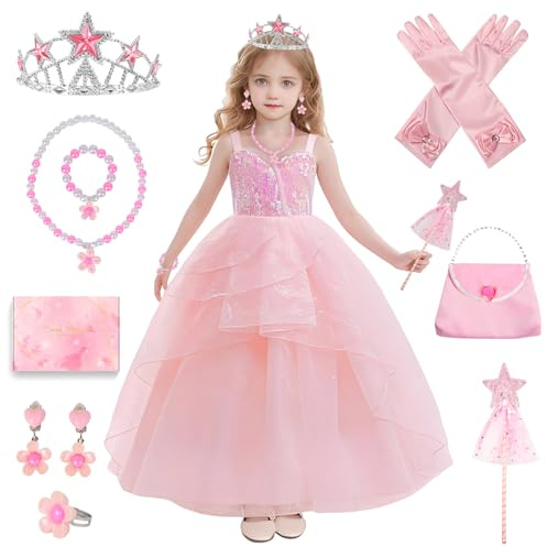 TOSZOLY Robe Glinda Enfant de Princesse, Glinda Costume Princesse Rose avec Accessoires de Baguette Magique Princesse Couronne, Déguisements pour Filles Fête Halloween Anniversaire Carnaval 3-8 Ans