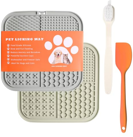 Licky Mats for Dogs Pack of 2 Licky Mats for Dogs with Strong Suction Cup - Slow Pet Feeder for Food, Peanut Butter Includes Spatula & Brush - Perfect for Grooming & Training (Large Grey/Begie)