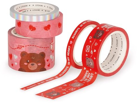 LEGAMI - 5er Set Papierklebebänder,Tape by Tape, Teddy Bear, bunt, zum Kleben, Dekorieren und Personalisieren, 3 verschiedene Größen, Länge je 5 Meter