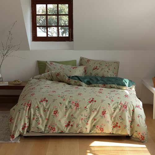 Luowei Blumen Bettwäsche 135x200 cm Grün aus 100% Baumwolle - Schön Komfortabel Rotes Blumenmuster Bettbezug Set Oeko-Tex Bettwäsche 2-Teiliges mit Reißverschluss und Kissenbezug 80x80cm