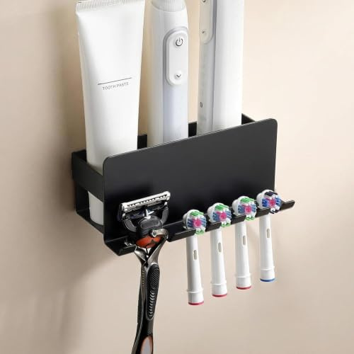 Gsocel Porta Spazzolino Elettrico da Muro senza Fori Capacità 4 Spazzolini Elettrici Portaspazzolini da Bagno Autoadesivo in Acciaio Inox Porta Spazzolini Bagno Nero per Bambini e Famiglia