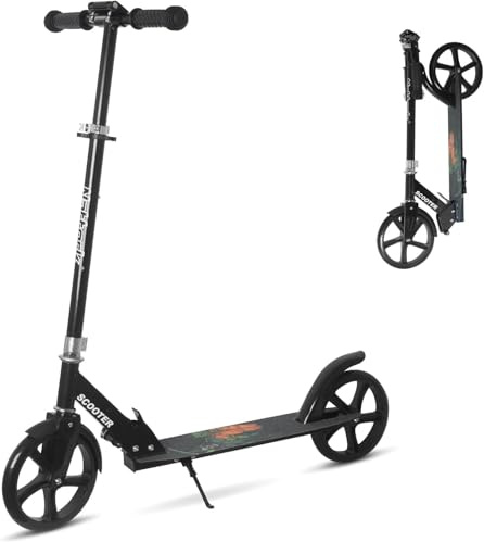 Nattork City Roller Tretroller Scooter för Barn 8-12, Höjdjusterbar, Ungdomar & Vuxna upp till 100 kg, Hopfällbar Kick Scooter med Stora, Stadsskoter för Pojkar och Flickor - Svart