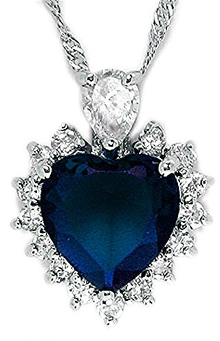 RIVA Herz des Ozean Anhänger mit 45cm(18) Kette & Herzschliff Edelstein Zirkonia CZ [Blau Saphir] in 18K Weißes Gold Vergoldet, Einfache Moderne Eleganz