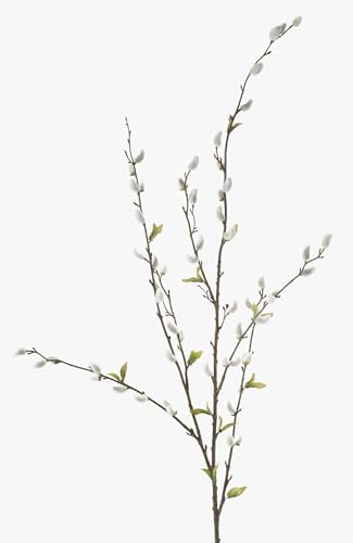 artplants.de Weidenkätzchen Kunstzweig, 55 graue Blüten, 24 Blättchen, 120cm - Künstlicher Zweig | mit Weidenkätzchen, 55 graue Blüten - Kunstzweig