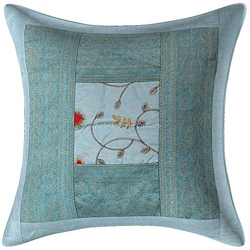 Stylo Culture Ethnico Fundas Cojines Decorativa 40x40 cm Polydupion Floral Funda Almohadon Sofa Azul 16x16 Inch Brocado Bordado Cuadrado sobre Fundas para Cojines De Cama - 1 Pc