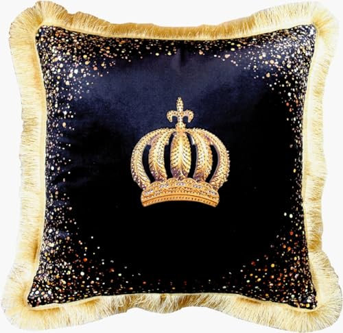 Harald Glööckler Luxus Kissen Pompöös by Casa Padrino Krone Schwarz/Gold - Feinster Samtstoff - Glööckler Deko Kissen mit Strass Steinen