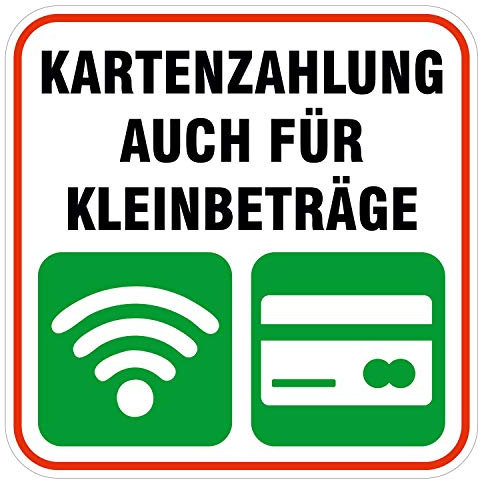 deformaze Sticker Kartenzahlung auch für Kleinbeträge Aufkleber Zahlungsmethoden 10 x 10 cm Selbstklebend UV Wetterfest für Firma Geschäft Shop Tür Fenster Kasse für außen und innen