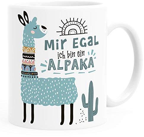SpecialMe® Kaffeetasse Spruch Mir egal ich bin ein Alpaka - Alpaka-Motiv Lama Geschenk Alpaka-Liebhaber Bürotasse Türkis weiß Keramik-Tasse