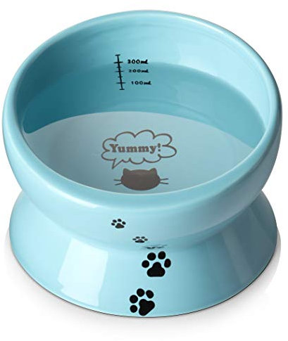 Y YHY Ceramic Raised Cat Food Water Bowl, 15 Ounce Slanted Bowl, Tilt Angle Protects Cat's Spine, Stress Free, Backflow Aversion, Gift for Cats, Blue