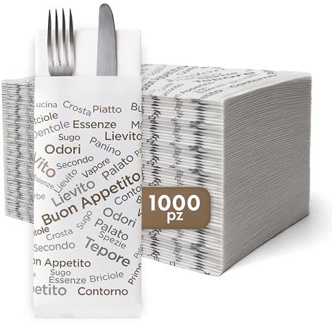 GIORDANO Cart 1000 Buste Portaposate Monouso in Carta Politenata Stile Tepore 10x25 cm con Tovagliolo 40x40 P/8 – Bustine Porta Posate Usa e Getta per Ristoranti, Catering e Casa Made in Italy