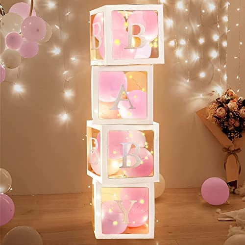 Kit di decorazioni per baby shower, 4 scatole fai da te con 30 palloncini, 4 corde di luci a LED, 4 set di lettere per bambini per ragazzi, ragazze, feste nuziali e feste di compleanno, colore: rosa