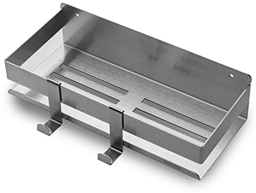 Dolvhin Duschablage ohne Bohren Silber | Duschregal Edelstahl mit Auslaufrillen | Duschkorb Aufbewahrung inkl. 2 Haken | Badregal Shampoo Halterung Selbstklebend Badezimmer Set (Gebürstet)