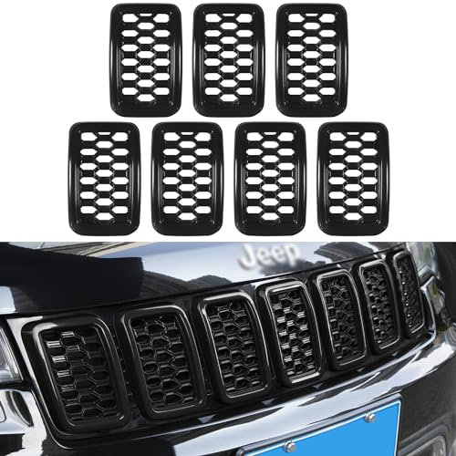 Schwarze Frontgrill-Einsätze, Ringabdeckungen, 7-teiliges Set für Jeep Grand Cherokee 2017, 2018, 2019, 2020, 2021, nicht passend für SRT, Trackhawk und Grand Cherokee L