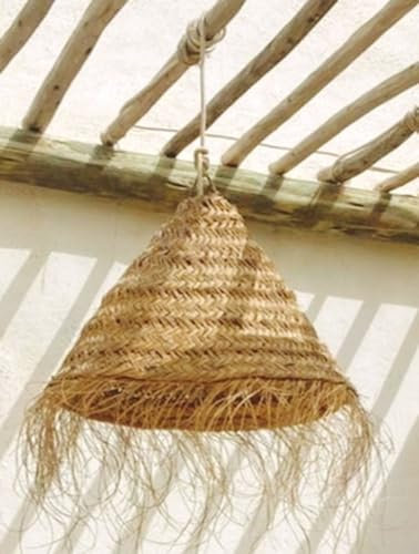 Suspension paille tressée, Suspension luminaire bohème, Suspension paille forme cône
