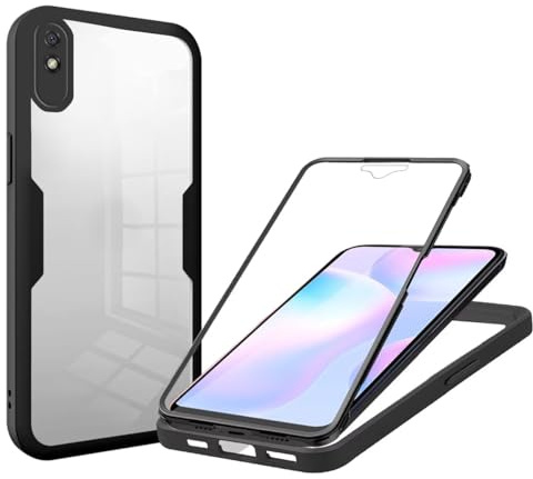 SLWYF Kompatibel mit Xiaomi Redmi 9A/Redmi 9I/Redmi 9 AT Hülle Eingebauter displayschutz 360 Grad Rundumschutz Handyhülle, Stoßfest TPU Bumper Schutzhülle Robuste Durchsichtige Kratzfest Case, Schwarz