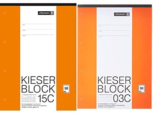 Brunnen 1042925 KIESER-Block Lineatur 22 (A4, 50 Blatt, kariert, 80 g/m², gelocht) & 1042923 KIESER-Block Lineatur 3 (A4, 50 Blatt, blanko, 80 g/m², Klasse 3)