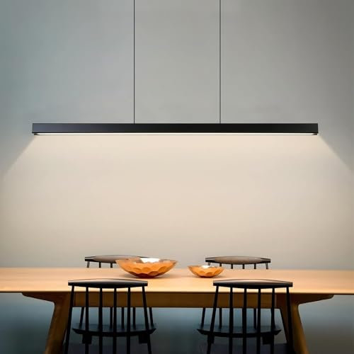 Moderna lampada a sospensione LED nera lineare lunga, illuminazione a sospensione dimmerabile con telecomando 3000K-6000K, lampadario regolabile altezza per sala da pranzo, cucina, soggiorno (100cm)