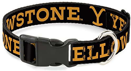 Paramount Network Pet Collar, Dog Collar Plastic Buckle, Yellowstone Text and Y Logo Weathered Black Orange, 8.5 to 12 Inches 0.5 Inch Wide