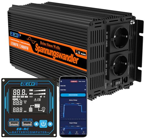 EDECOA Wechselrichter 12v 220v Pure Wave 1500w Spannungswandler Fernbedienung Pro 2X USB Kann Batterietyp wählen FLD AGM Gel LiFePo4 Eco Mode