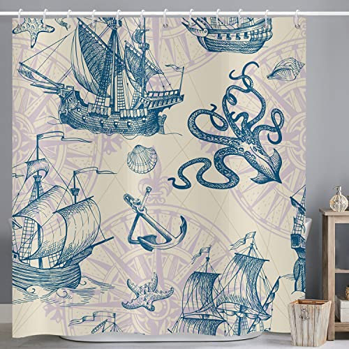ASDCXZ Duschvorhang Maritim 180x180 cm, Maritim Nautische Segelboot Anker Meerestiere Kraken Muscheln Waschbar Duschvorhänge Polyester Textil Wasserdicht Duschvorhang für Badewanne mit 12 Haken