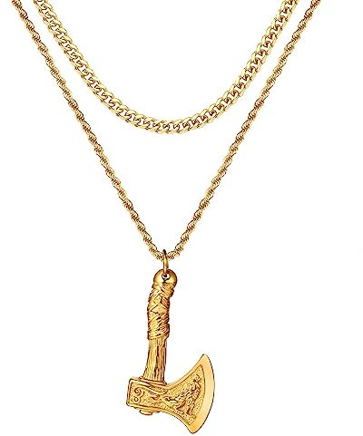 JewelryWe Norse Vikings Axe Pendant Necklace with 2 Layer Chian Nordic Talisman for Men