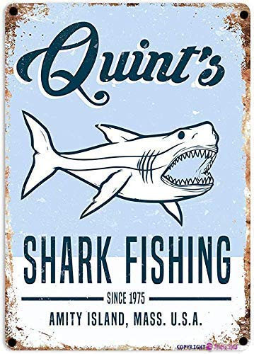 Retro Metall-Blechschild Kunst 80er Jahre Quint's Fishing Film Poster Sommer Schild Höhle Bar Club Home Wandkunst Metall Blechschild 20,3 x 30,5 cm