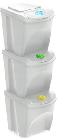Set de 3 cubos de basura KEDEN SORTIBOX papelera reciclaje, blanco roto, volumen 3x25L